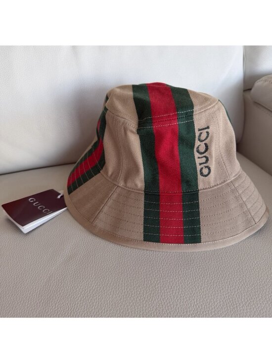 NWT Gucci Logo Printed Cotton Canvas Bucket Hat Sz S Web Beige main image 7